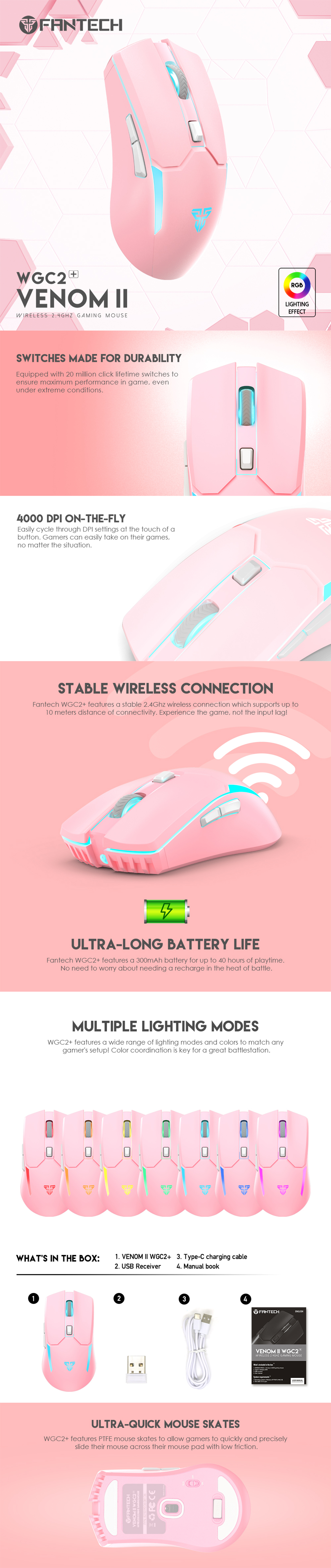 A large marketing image providing additional information about the product Fantech VENOM II WGC2 Wireless Gaming Mouse - Pink - Additional alt info not provided